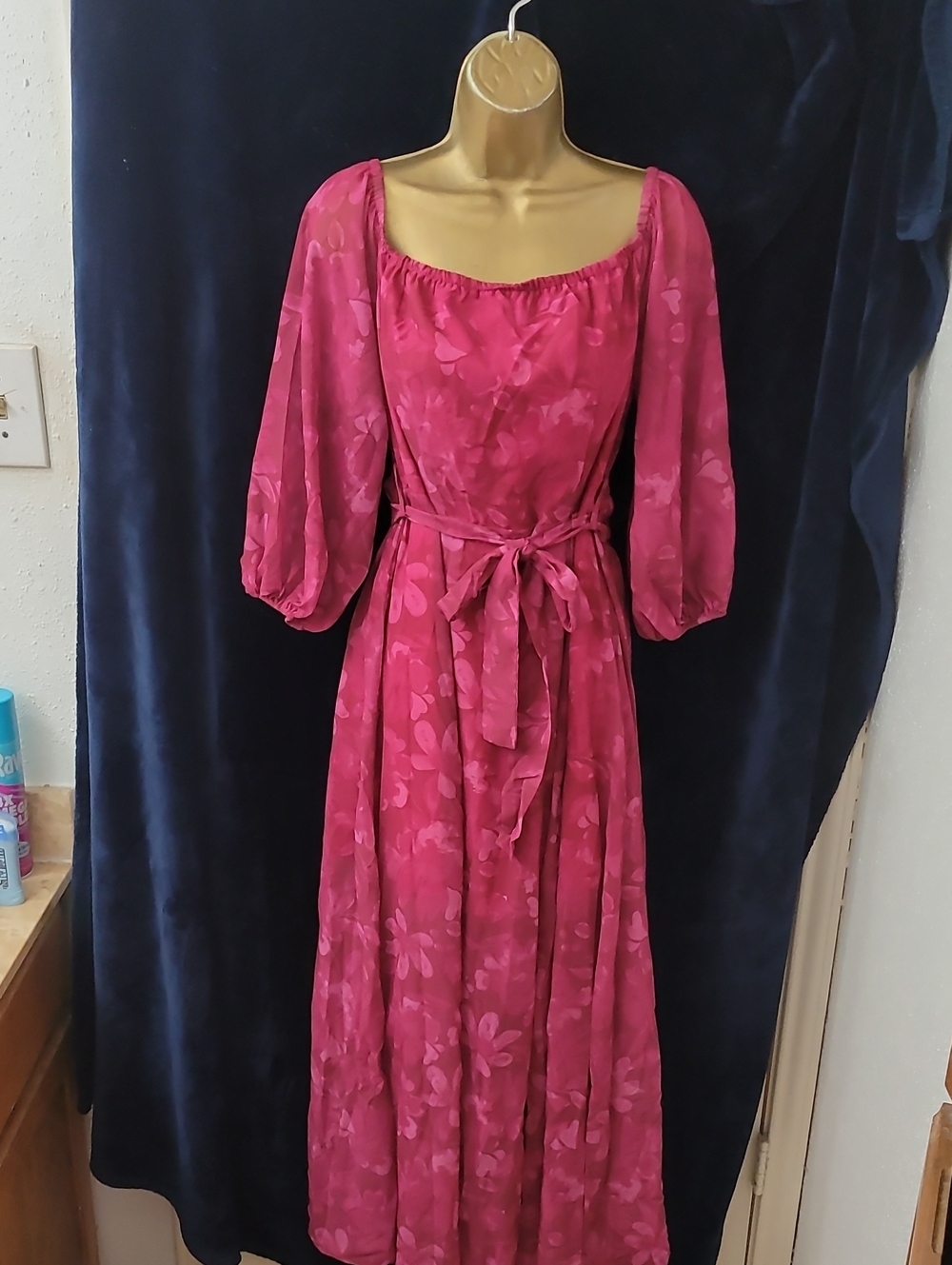 SHEIN Fuchsia Floral Puff-Sleeve Maxi Dress with Tie Waist